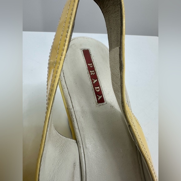 Prada Leather Slingback Sandals Wedge Heel Pale Yellow Peep Toe Womens 40 - Picture 3 of 9